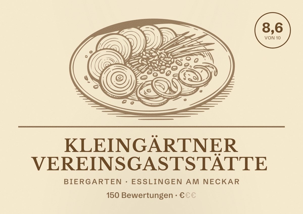 Illustriertes Poster von Kleingärtner Vereinsgaststätte, Biergarten in Esslingen am Neckar: Bewertung 8,6 von 10 aus 150 Bewertungen, Preisniveau €