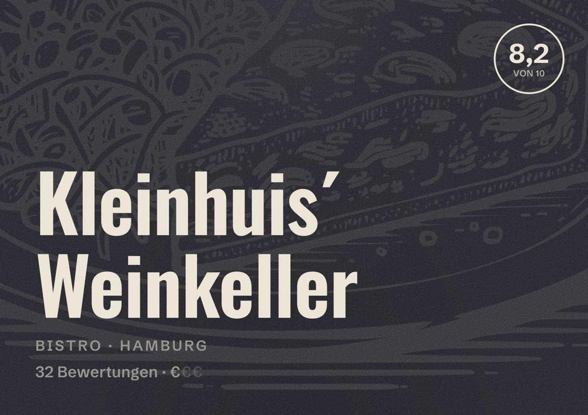 Illustriertes Poster von Kleinhuis´ Weinkeller, Bistro in Hamburg: Bewertung 8,2 von 10 aus 32 Bewertungen, Preisniveau €
