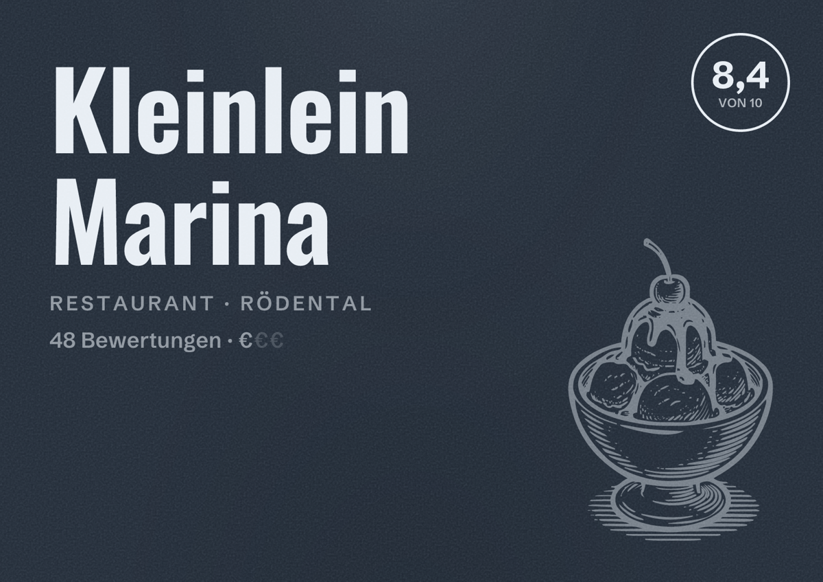 Illustriertes Poster von Kleinlein Marina, Restaurant in Rödental: Bewertung 8,4 von 10 aus 48 Bewertungen, Preisniveau €