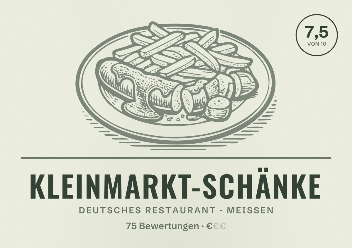 Illustriertes Poster von Kleinmarkt-Schänke, Deutsches Restaurant in Meißen: Bewertung 7,5 von 10 aus 75 Bewertungen, Preisniveau €