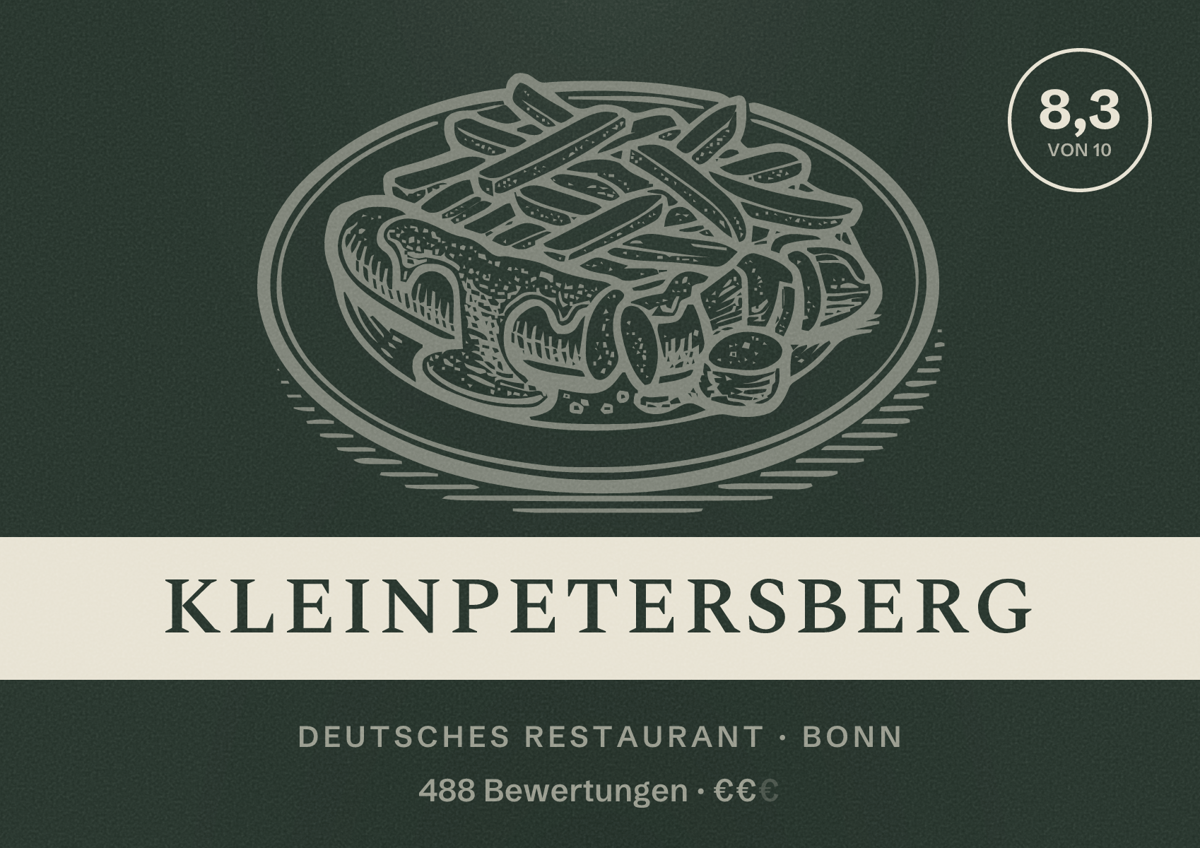 Illustriertes Poster von Kleinpetersberg, Deutsches Restaurant in Bonn: Bewertung 8,3 von 10 aus 488 Bewertungen, Preisniveau €€