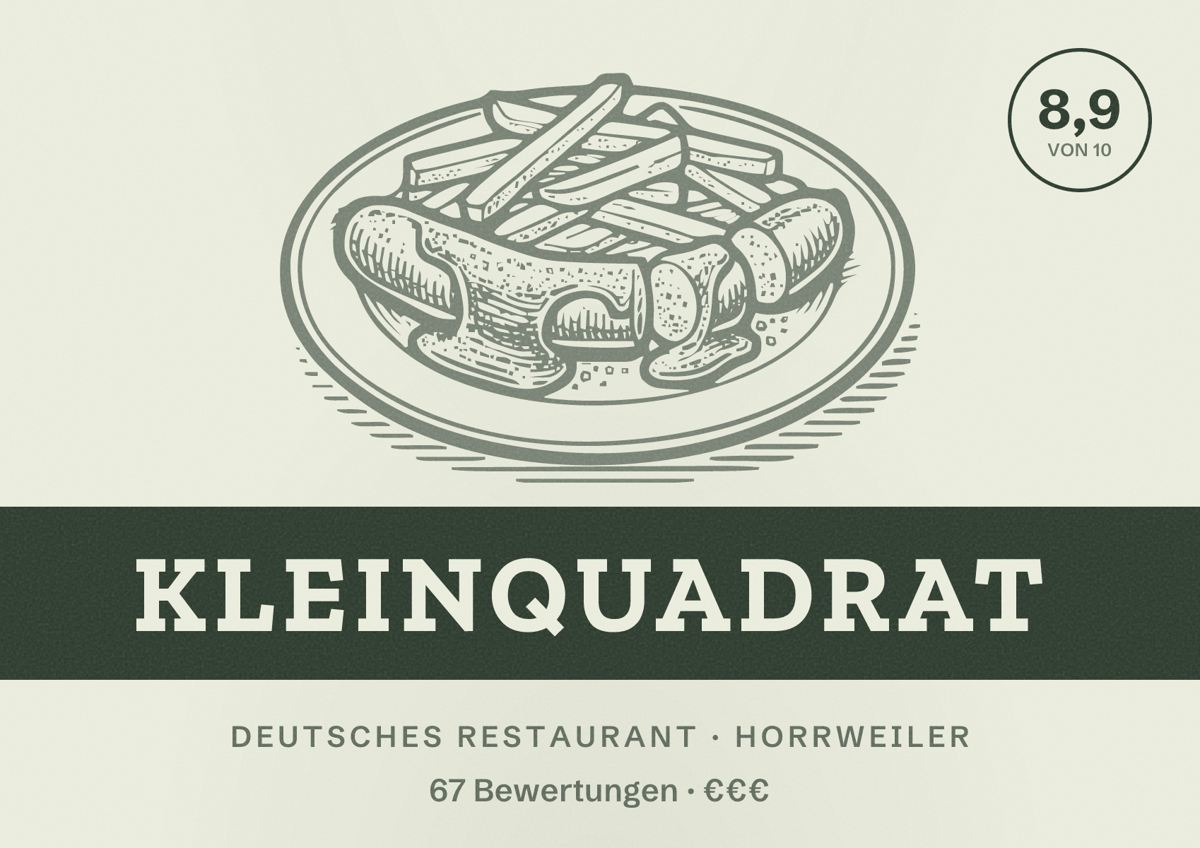 Illustriertes Poster von Kleinquadrat, Deutsches Restaurant in Horrweiler: Bewertung 8,9 von 10 aus 67 Bewertungen, Preisniveau €€€