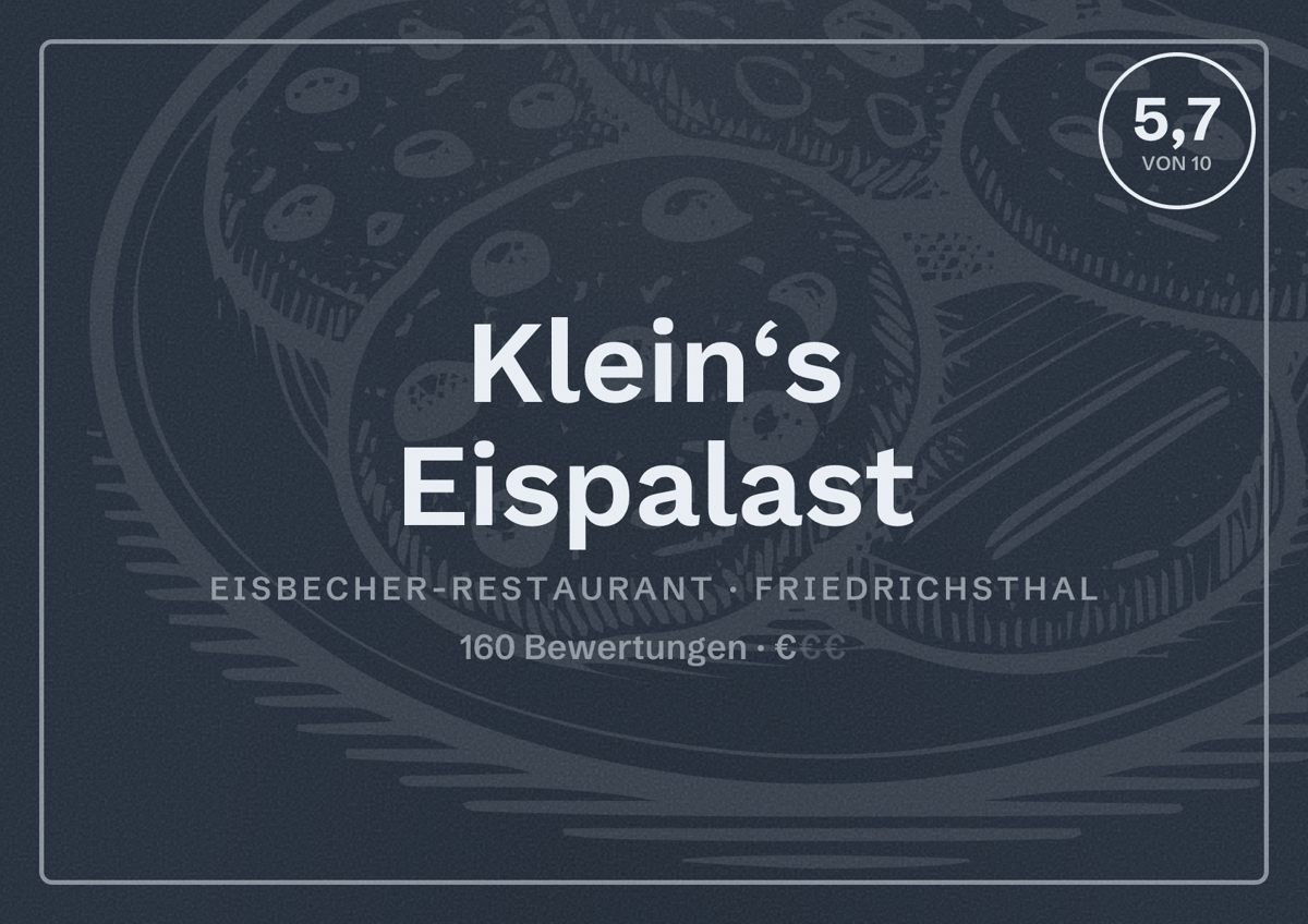 Illustriertes Poster von Klein‘s Eispalast, Eisbecher-Restaurant in Friedrichsthal: Bewertung 5,7 von 10 aus 160 Bewertungen, Preisniveau €