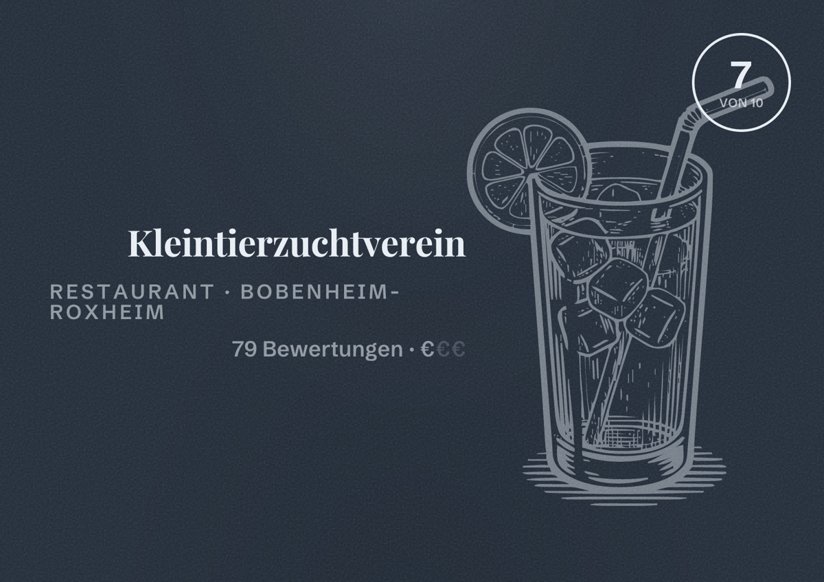 Illustriertes Poster von Kleintierzuchtverein, Restaurant in Bobenheim-Roxheim: Bewertung 7 von 10 aus 79 Bewertungen, Preisniveau €