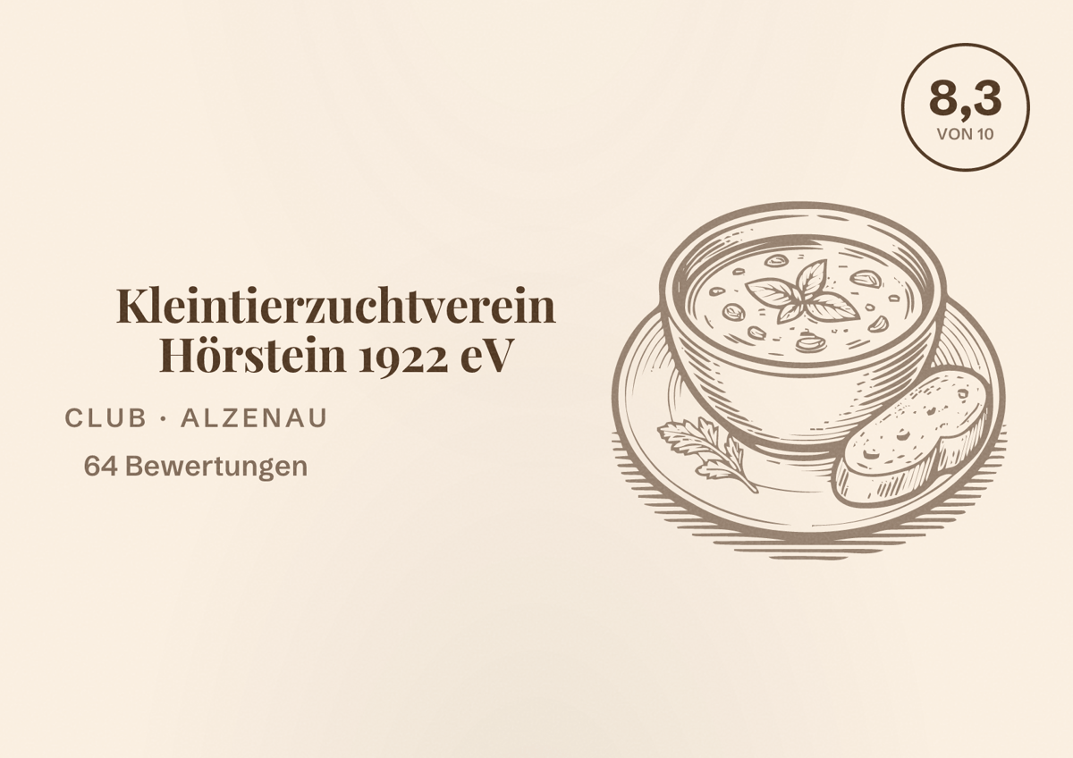 Illustriertes Poster von Kleintierzuchtverein Hörstein 1922 eV, Club in Alzenau: Bewertung 8,3 von 10 aus 64 Bewertungen