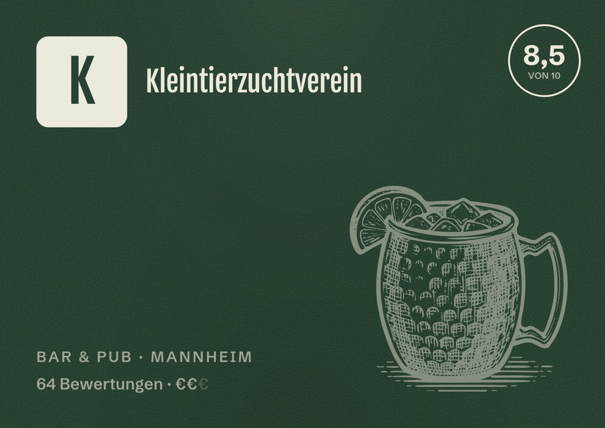 Illustriertes Poster von Kleintierzuchtverein, Bar & Pub in Mannheim: Bewertung 8,5 von 10 aus 64 Bewertungen, Preisniveau €€