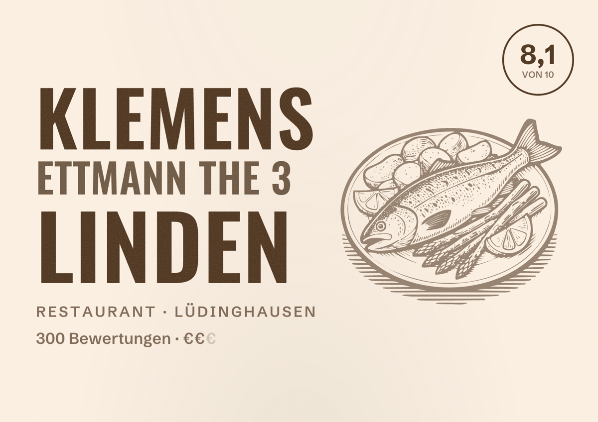 Illustriertes Poster von Klemens Ettmann The 3 Linden, Restaurant in Lüdinghausen: Bewertung 8,1 von 10 aus 300 Bewertungen, Preisniveau €€