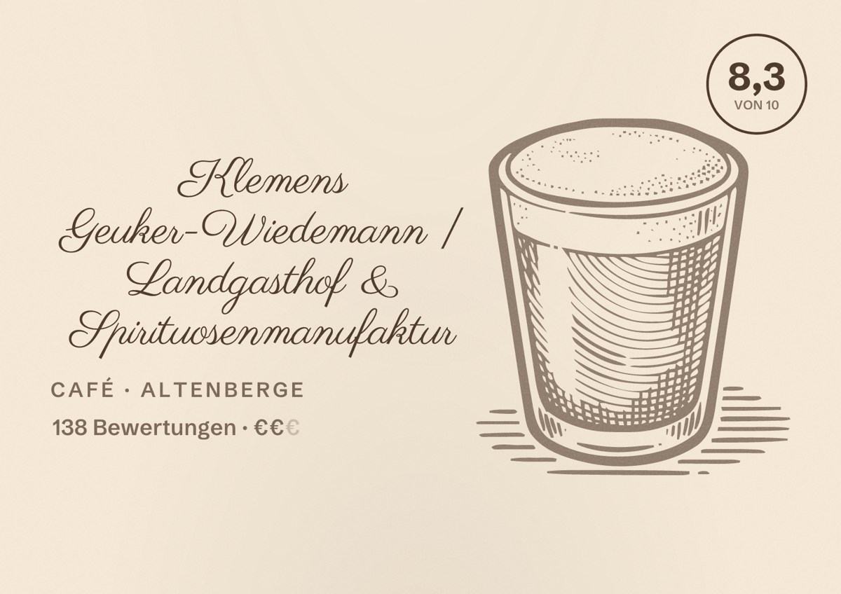 Illustriertes Poster von Klemens Geuker-Wiedemann | Landgasthof & Spirituosenmanufaktur, Café in Altenberge: Bewertung 8,3 von 10 aus 138 Bewertungen, Preisniveau €€