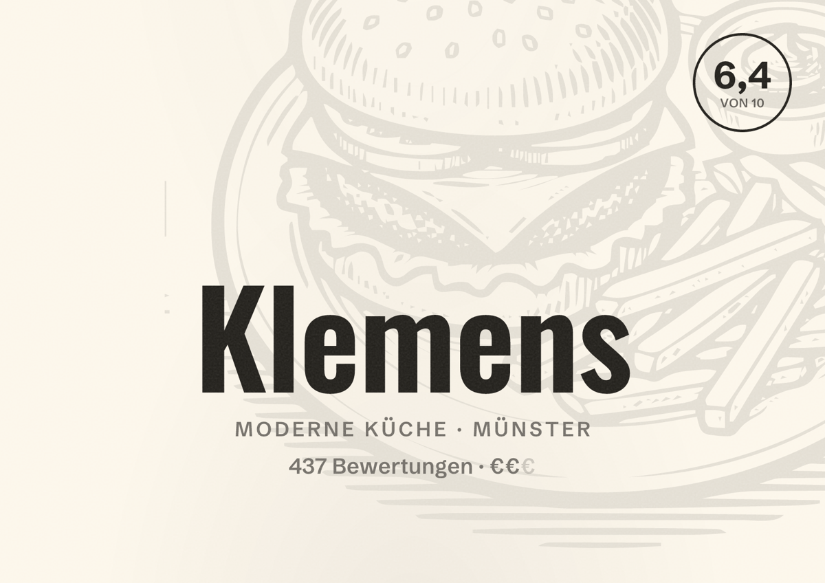 Illustriertes Poster von Klemens, Moderne Küche in Münster: Bewertung 6,4 von 10 aus 437 Bewertungen, Preisniveau €€