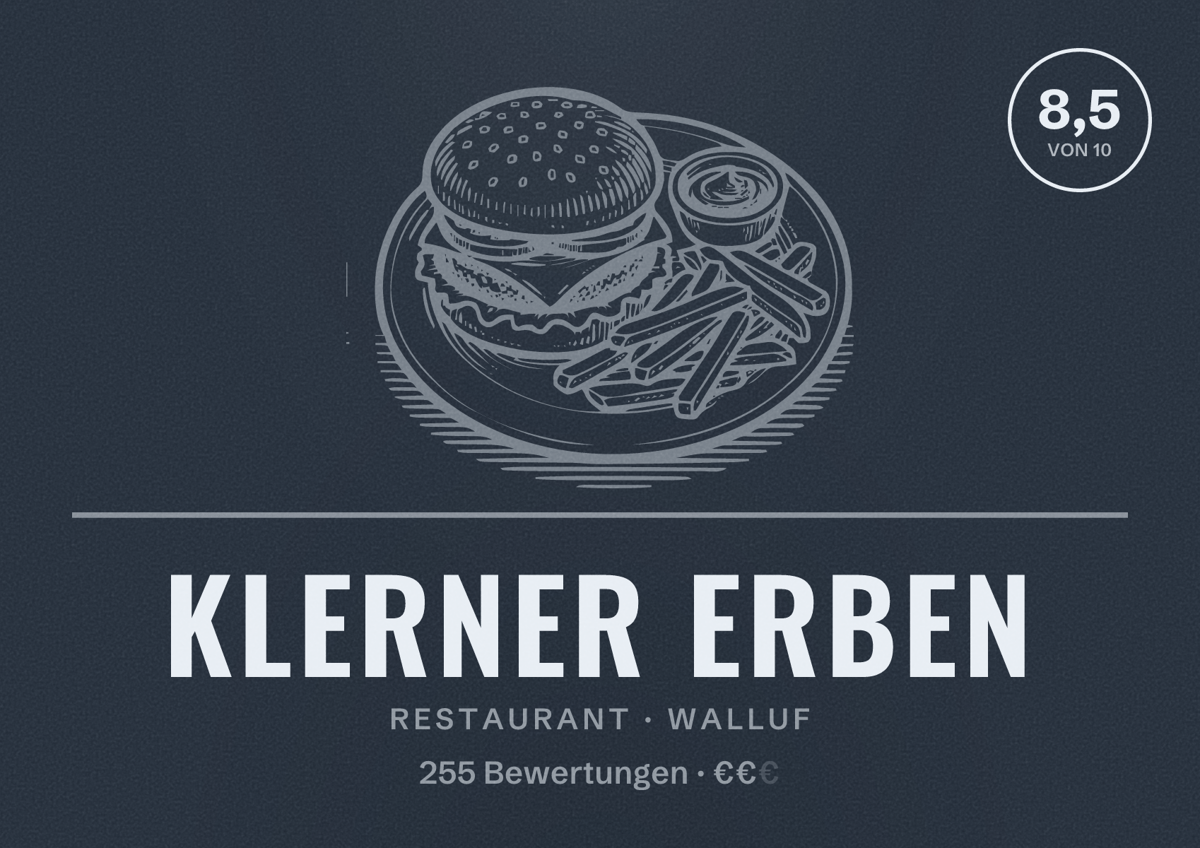 Illustriertes Poster von Klerner Erben, Restaurant in Walluf: Bewertung 8,5 von 10 aus 255 Bewertungen, Preisniveau €€