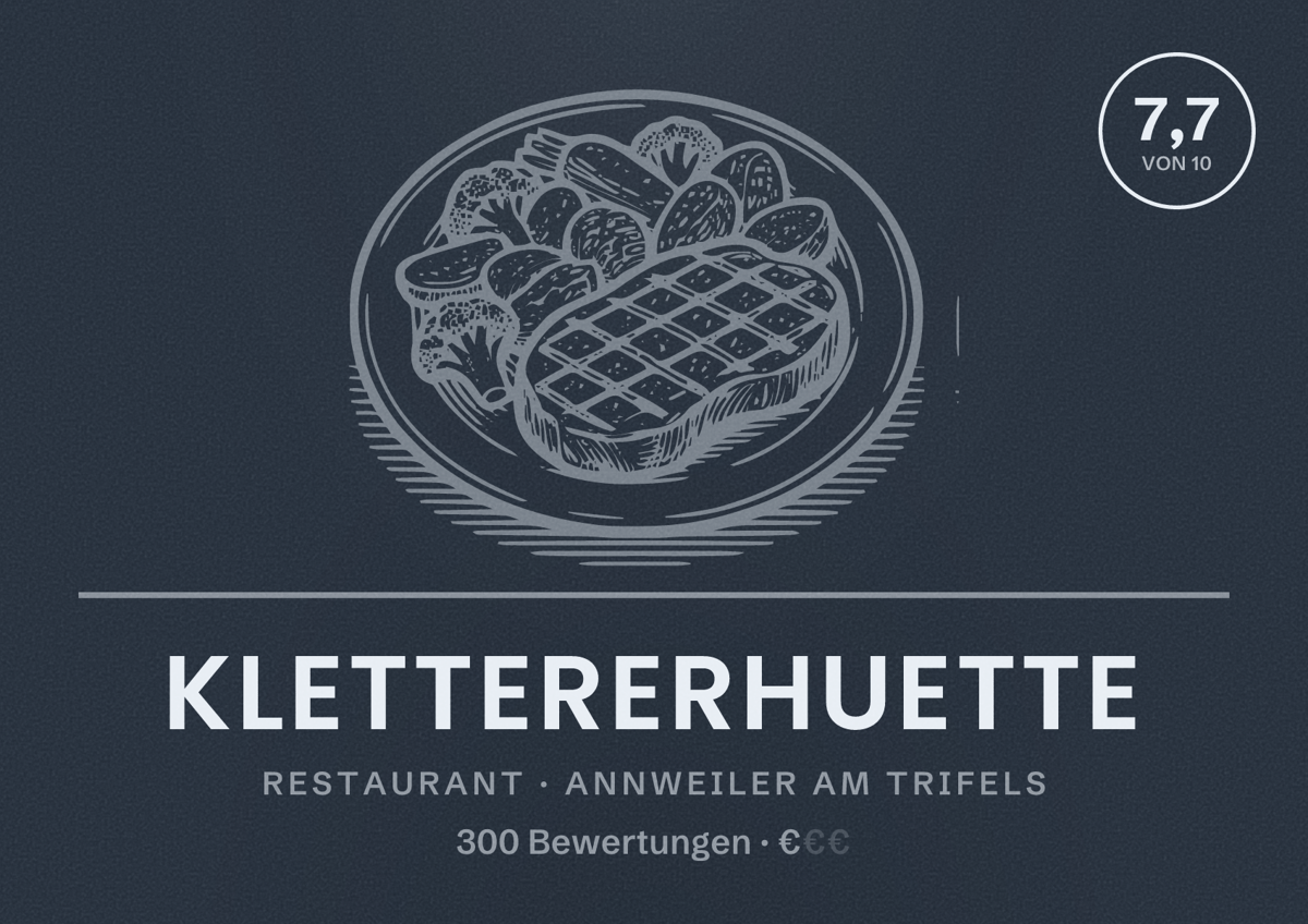 Illustriertes Poster von Klettererhuette, Restaurant in Annweiler am Trifels: Bewertung 7,7 von 10 aus 300 Bewertungen, Preisniveau €