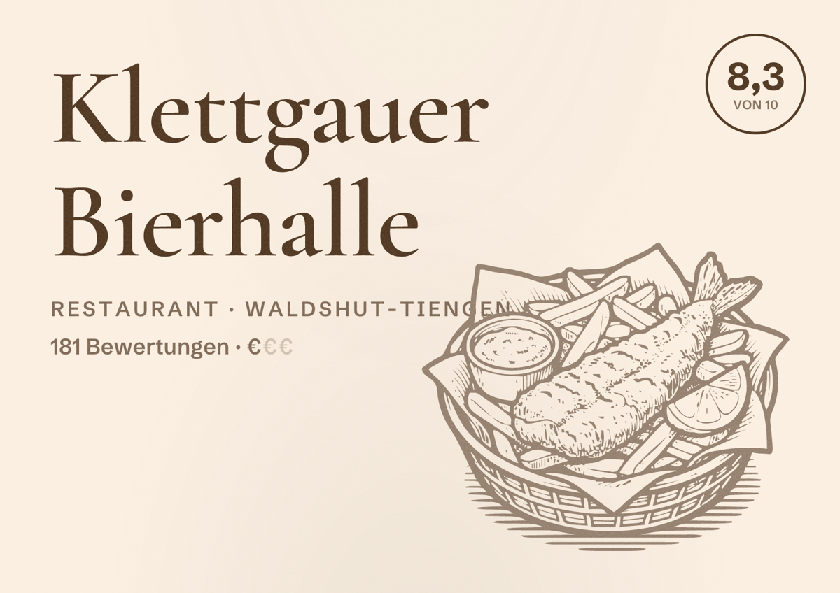 Illustriertes Poster von Klettgauer Bierhalle, Restaurant in Waldshut-Tiengen: Bewertung 8,3 von 10 aus 181 Bewertungen, Preisniveau €