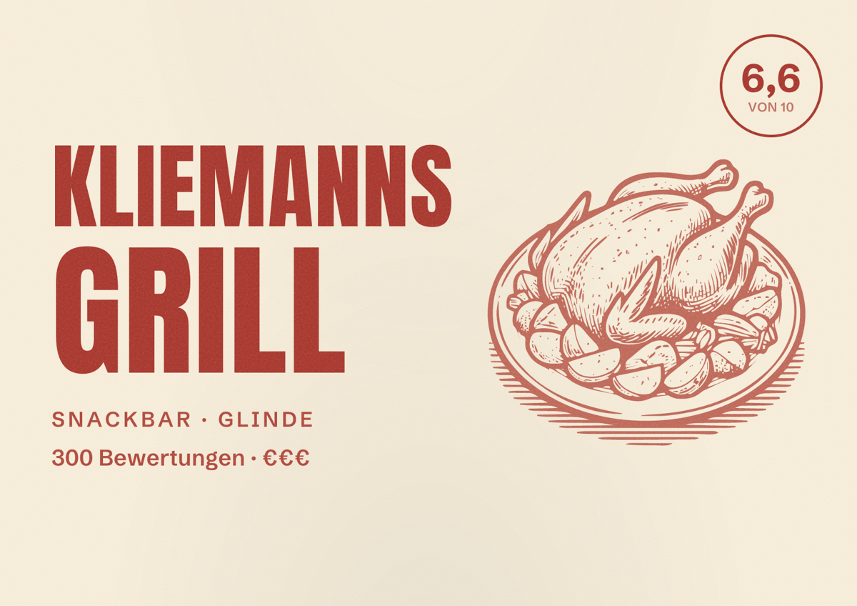 Illustriertes Poster von Kliemanns Grill, Snackbar in Glinde: Bewertung 6,6 von 10 aus 300 Bewertungen, Preisniveau €€€