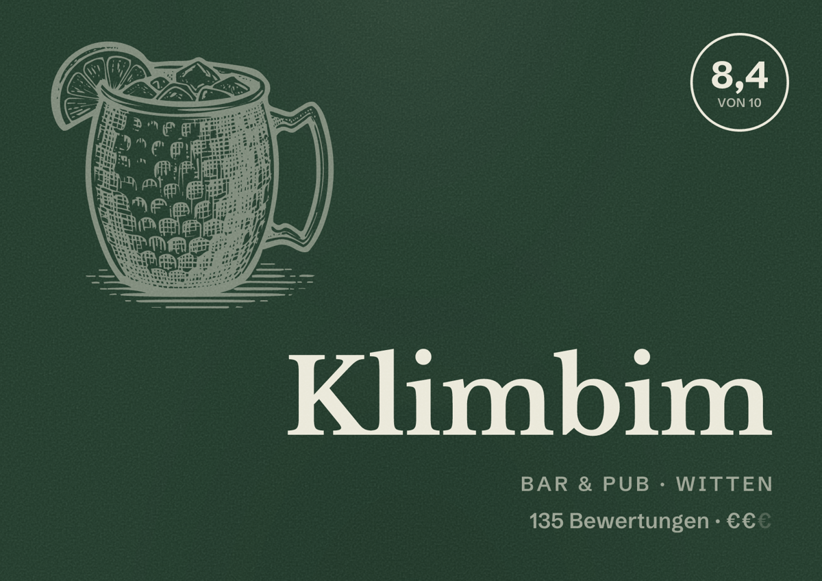 Illustriertes Poster von Klimbim, Bar & Pub in Witten: Bewertung 8,4 von 10 aus 135 Bewertungen, Preisniveau €€