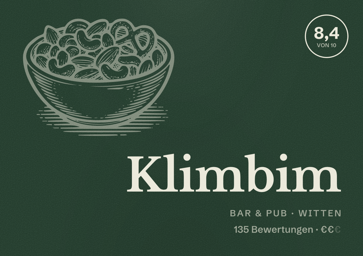 Illustriertes Poster von Klimbim, Bar & Pub in Witten: Bewertung 8,4 von 10 aus 135 Bewertungen, Preisniveau €€