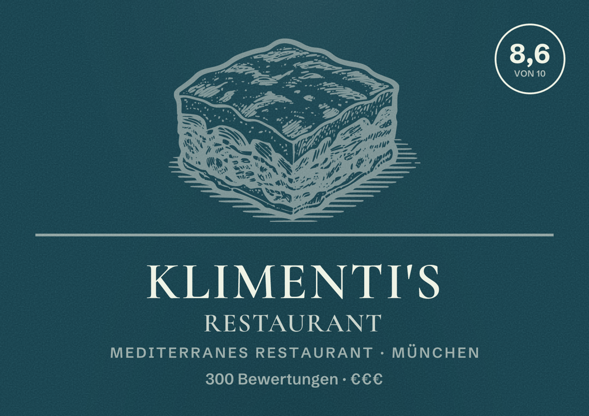 Illustriertes Poster von KLIMENTI'S Restaurant, Mediterranes Restaurant in München: Bewertung 8,6 von 10 aus 300 Bewertungen, Preisniveau €€€