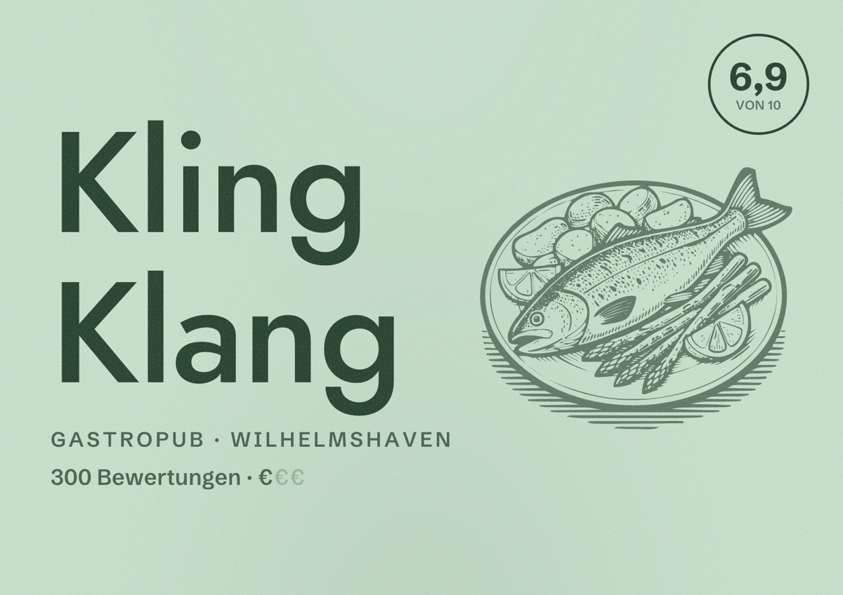 Illustriertes Poster von Kling Klang, Gastropub in Wilhelmshaven: Bewertung 6,9 von 10 aus 300 Bewertungen, Preisniveau €