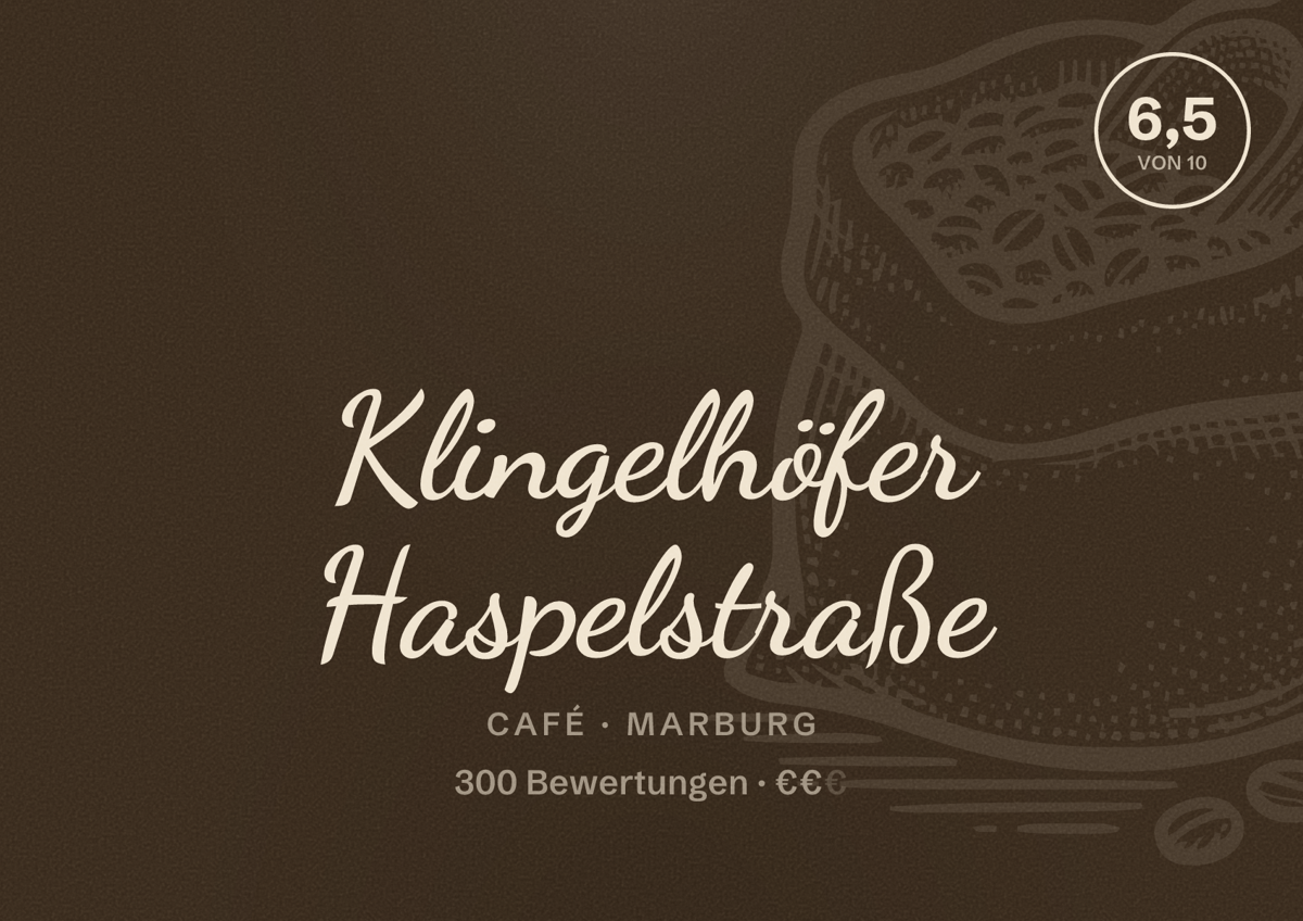Illustriertes Poster von Klingelhöfer Haspelstraße, Café in Marburg: Bewertung 6,5 von 10 aus 300 Bewertungen, Preisniveau €€
