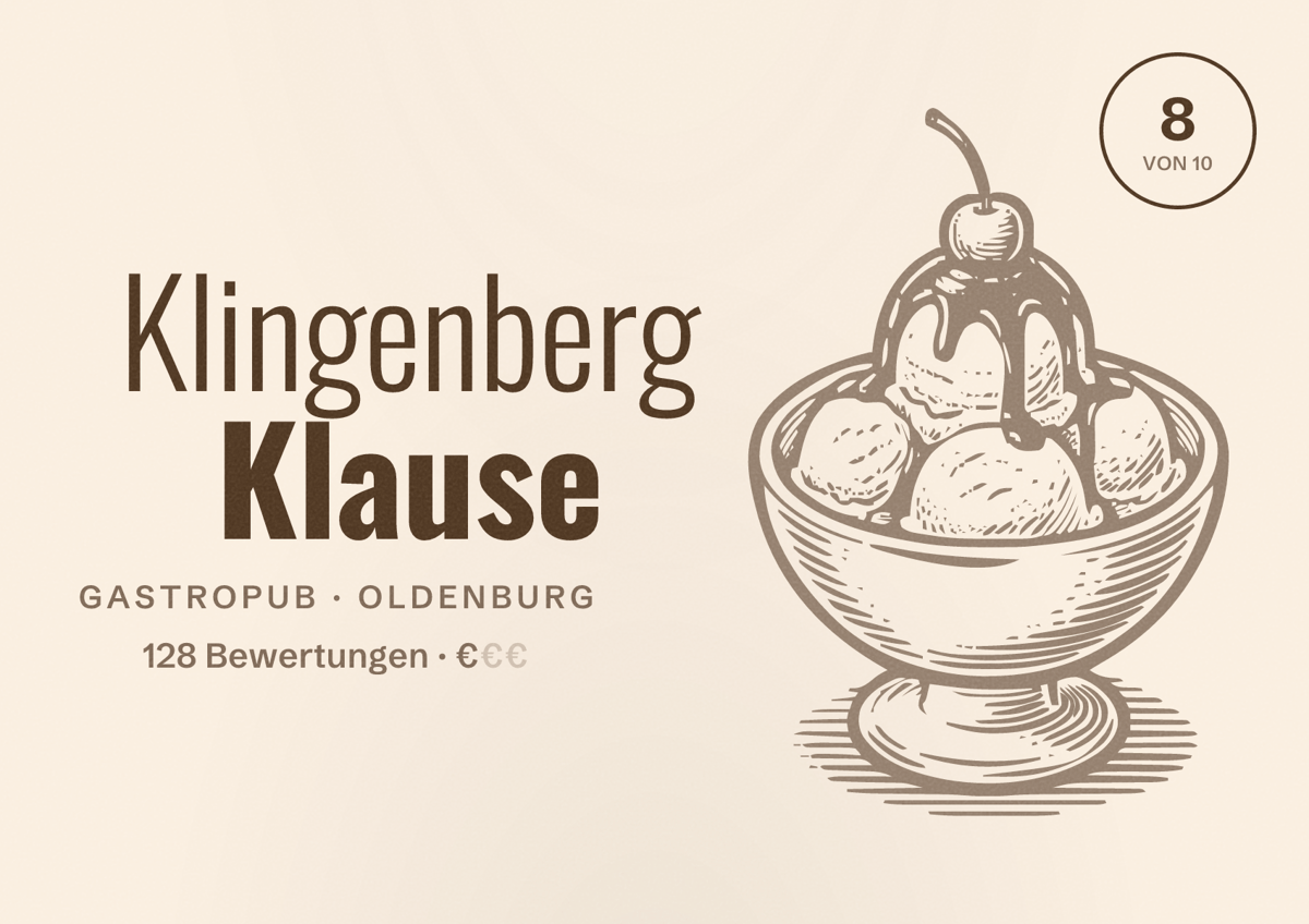 Illustriertes Poster von Klingenberg Klause, Gastropub in Oldenburg: Bewertung 8,0 von 10 aus 128 Bewertungen, Preisniveau €