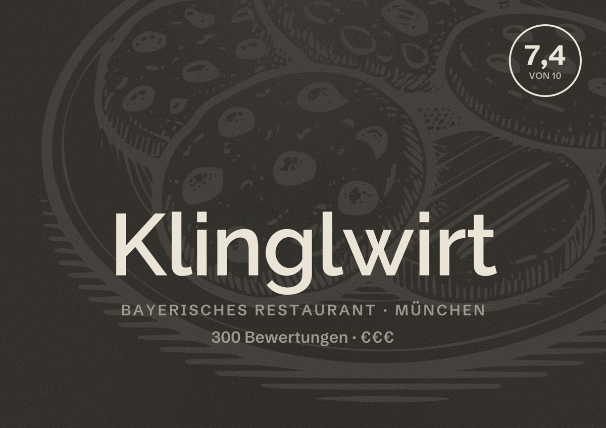 Illustriertes Poster von Klinglwirt, Bayerisches Restaurant in München: Bewertung 7,4 von 10 aus 300 Bewertungen, Preisniveau €€€