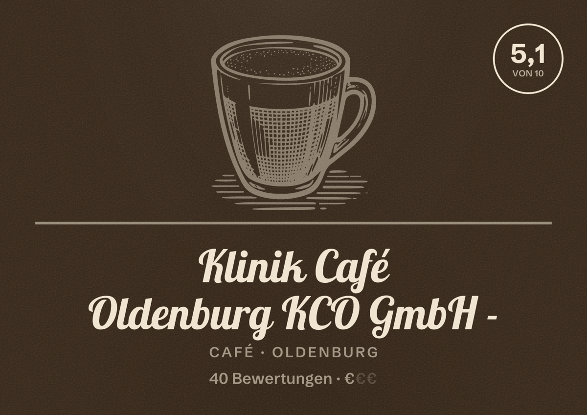 Illustriertes Poster von Klinik Café Oldenburg KCO GmbH -, Café in Oldenburg: Bewertung 5,1 von 10 aus 40 Bewertungen, Preisniveau €