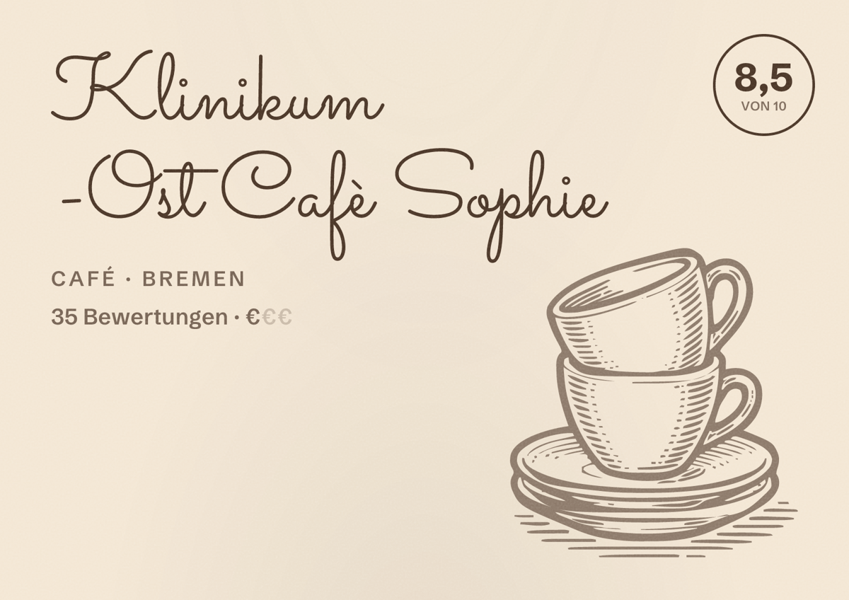 Illustriertes Poster von Klinikum -Ost Cafè Sophie, Café in Bremen: Bewertung 8,5 von 10 aus 35 Bewertungen, Preisniveau €