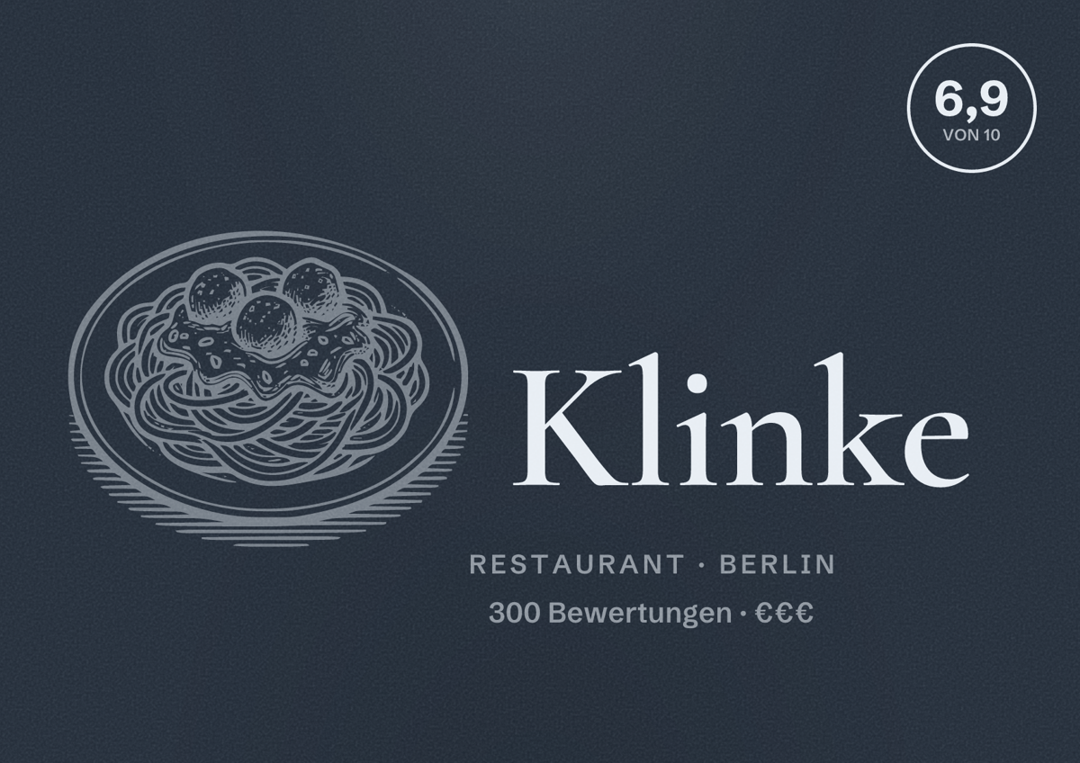 Illustriertes Poster von Klinke, Restaurant in Berlin: Bewertung 6,9 von 10 aus 300 Bewertungen, Preisniveau €€€