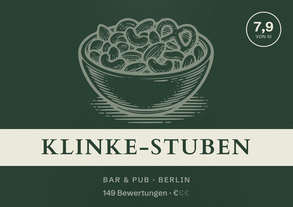 Illustriertes Poster von Klinke-Stuben, Bar & Pub in Berlin: Bewertung 7,9 von 10 aus 149 Bewertungen, Preisniveau €