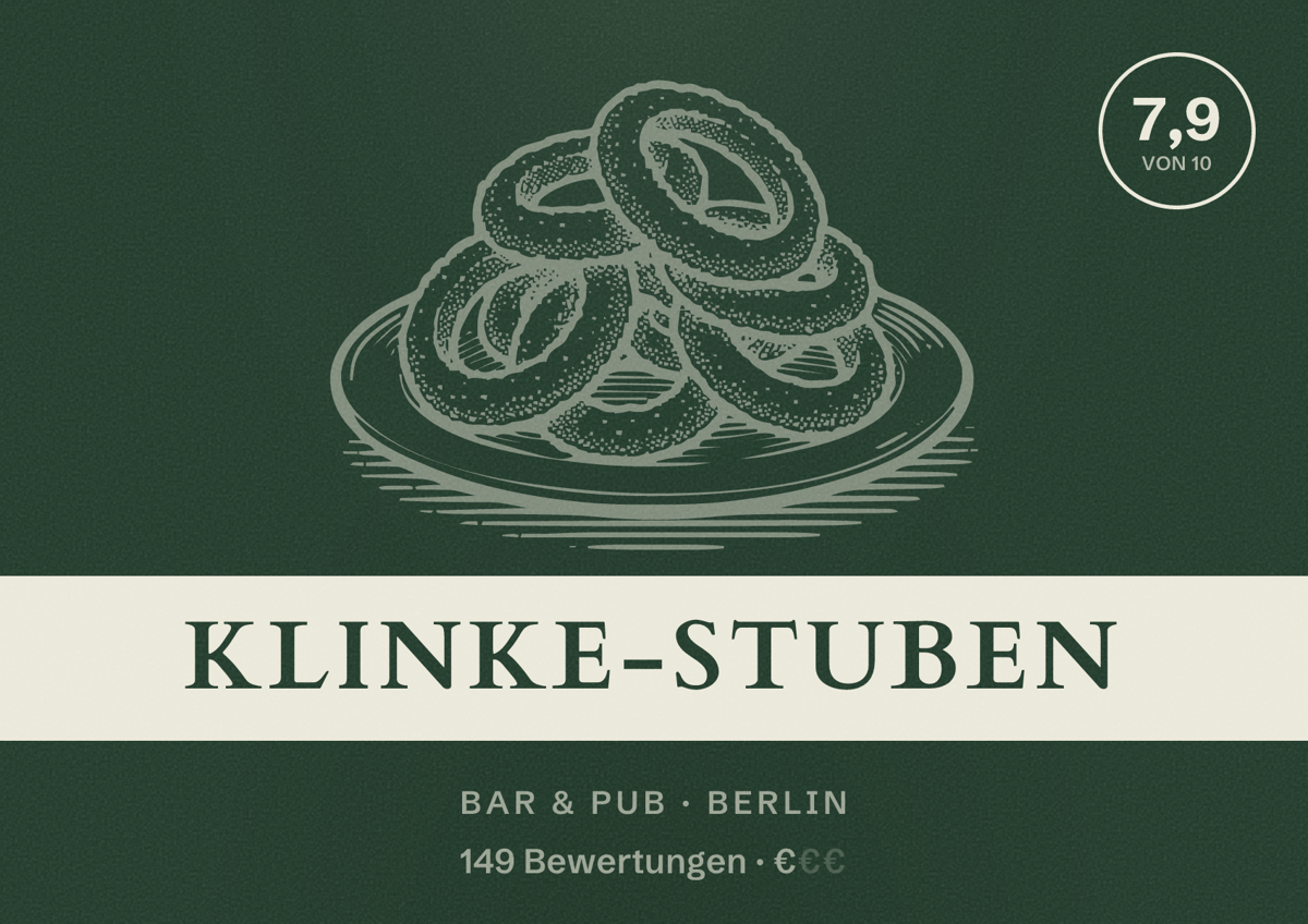 Illustriertes Poster von Klinke-Stuben, Bar & Pub in Berlin: Bewertung 7,9 von 10 aus 149 Bewertungen, Preisniveau €