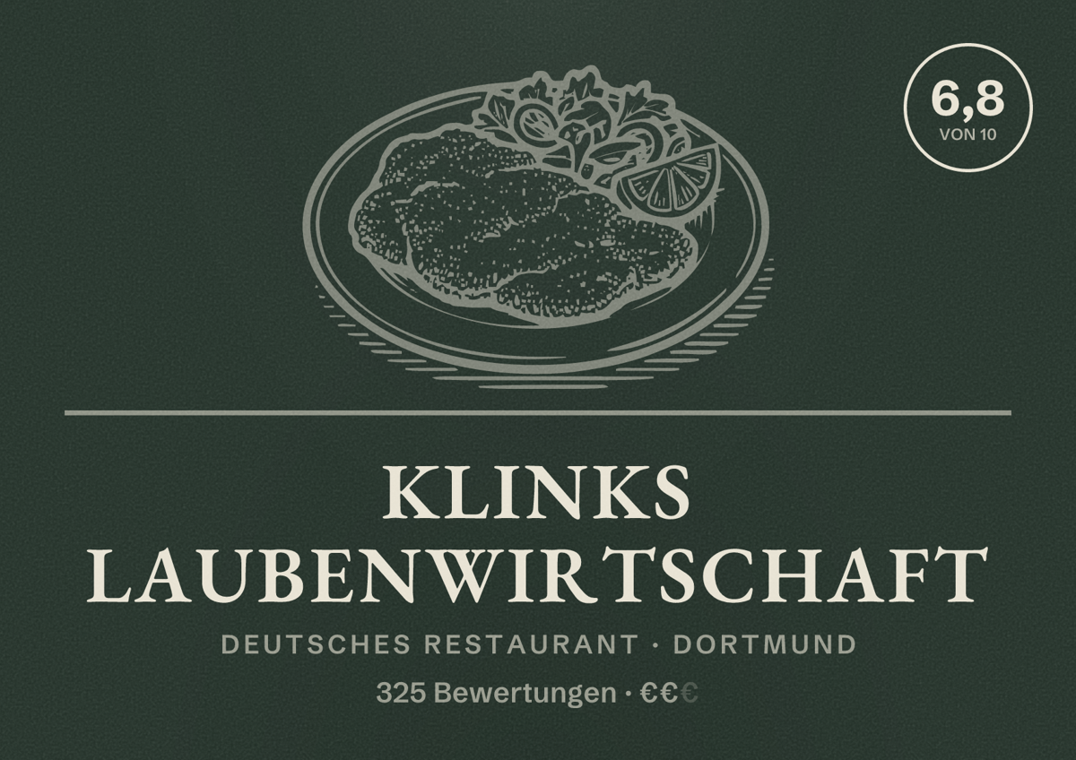 Illustriertes Poster von Klinks Laubenwirtschaft, Deutsches Restaurant in Dortmund: Bewertung 6,8 von 10 aus 325 Bewertungen, Preisniveau €€