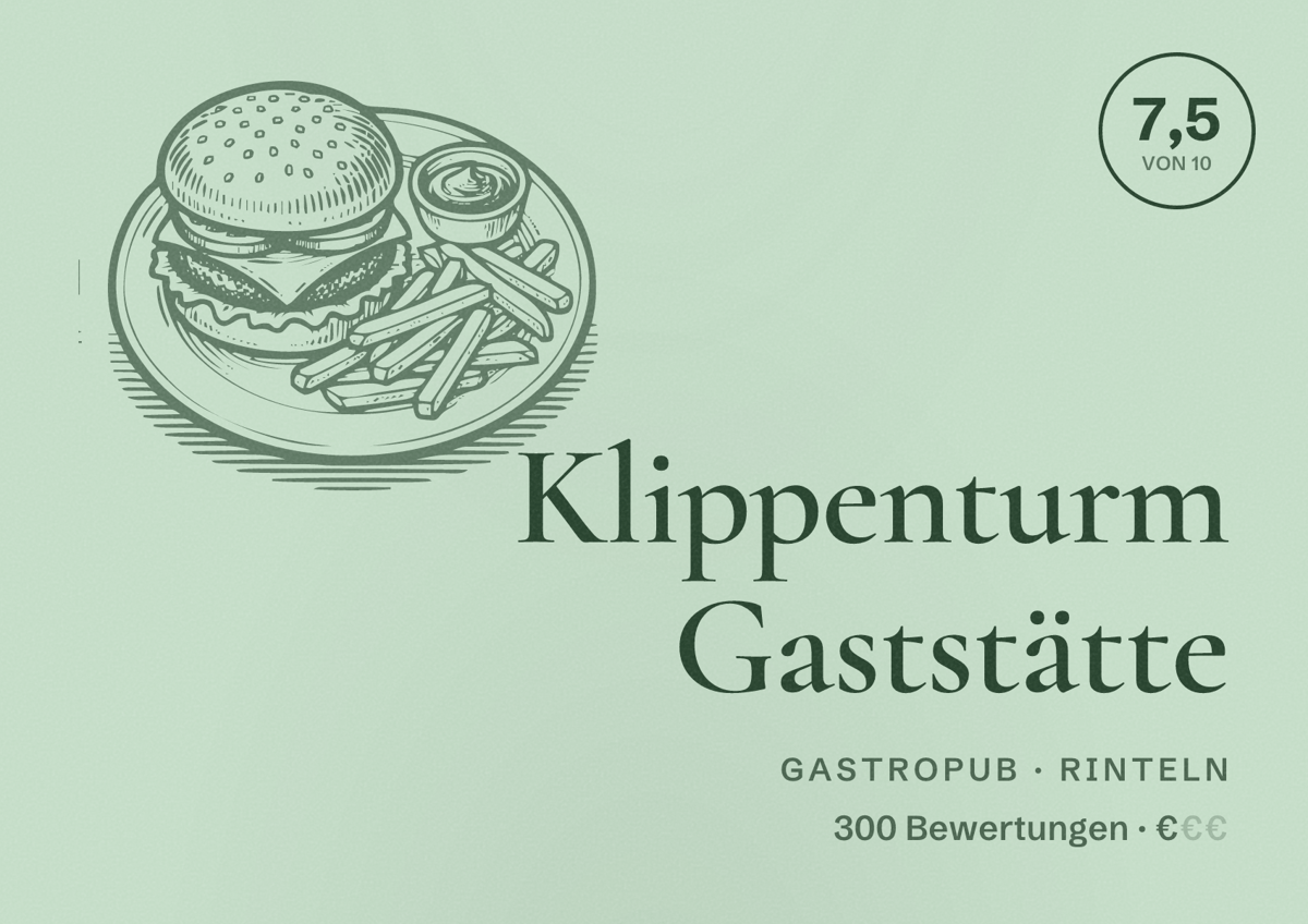 Illustriertes Poster von Klippenturm Gaststätte, Gastropub in Rinteln: Bewertung 7,5 von 10 aus 300 Bewertungen, Preisniveau €