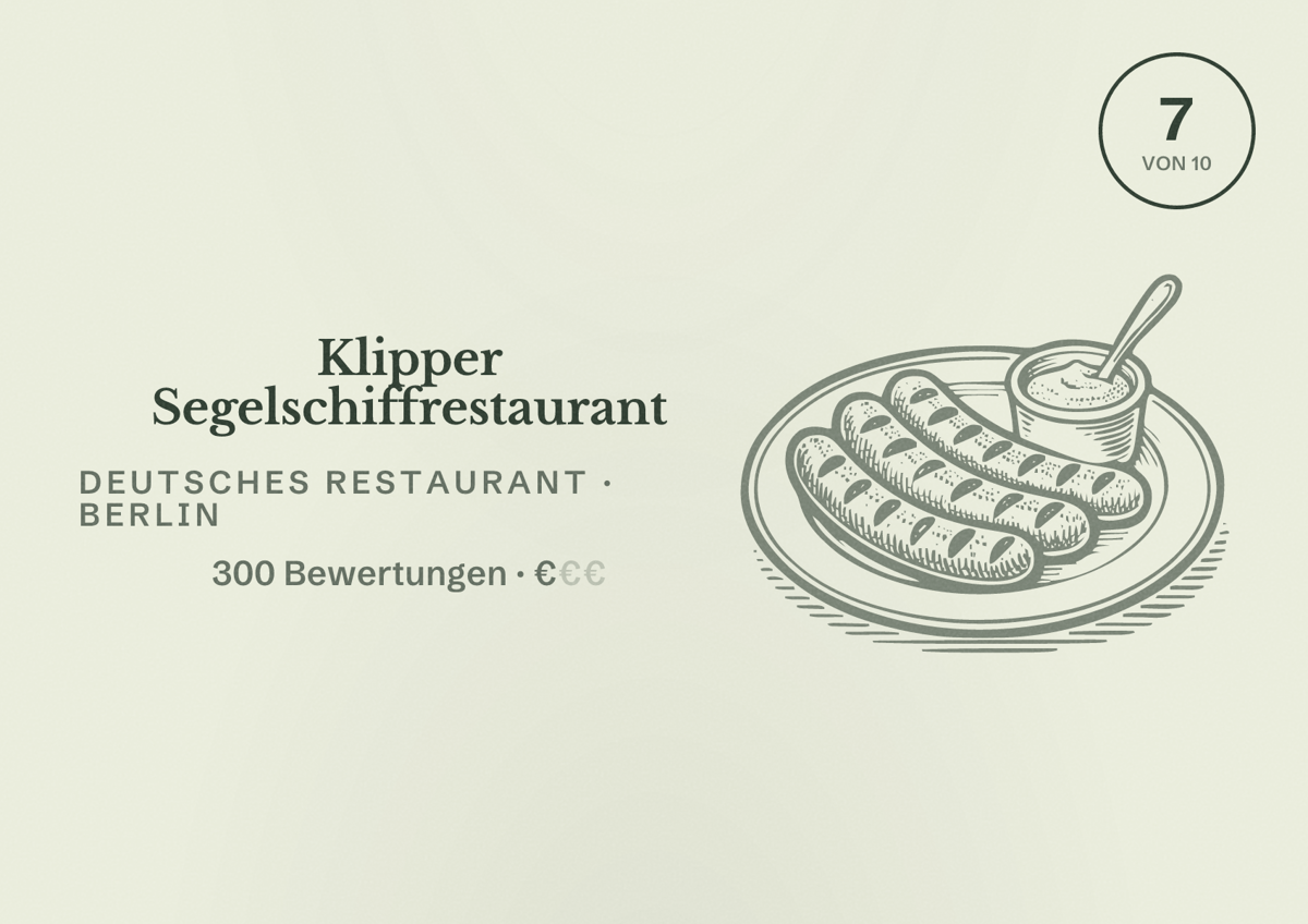 Illustriertes Poster von Klipper Segelschiffrestaurant, Deutsches Restaurant in Berlin: Bewertung 7 von 10 aus 300 Bewertungen, Preisniveau €