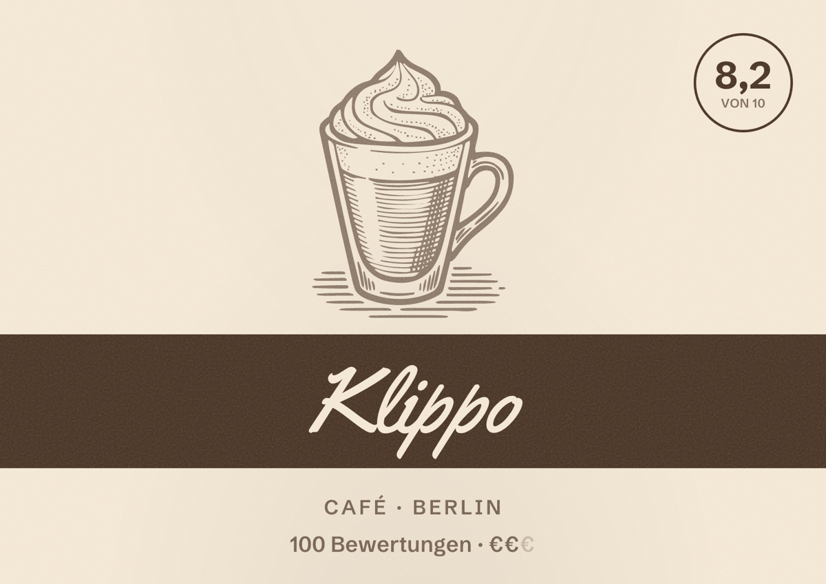 Illustriertes Poster von Klippo, Café in Berlin: Bewertung 8,2 von 10 aus 100 Bewertungen, Preisniveau €€