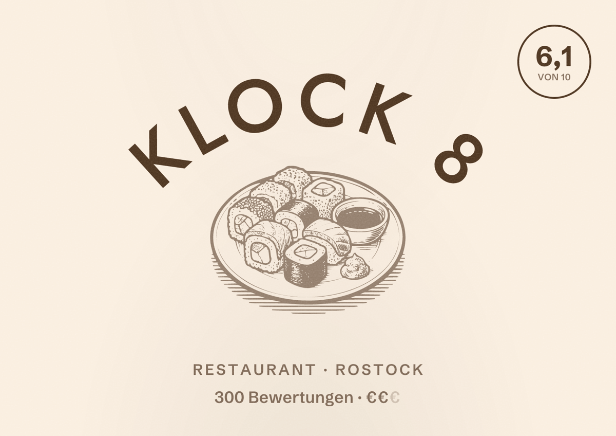 Illustriertes Poster von Klock 8, Restaurant in Rostock: Bewertung 6,1 von 10 aus 300 Bewertungen, Preisniveau €€
