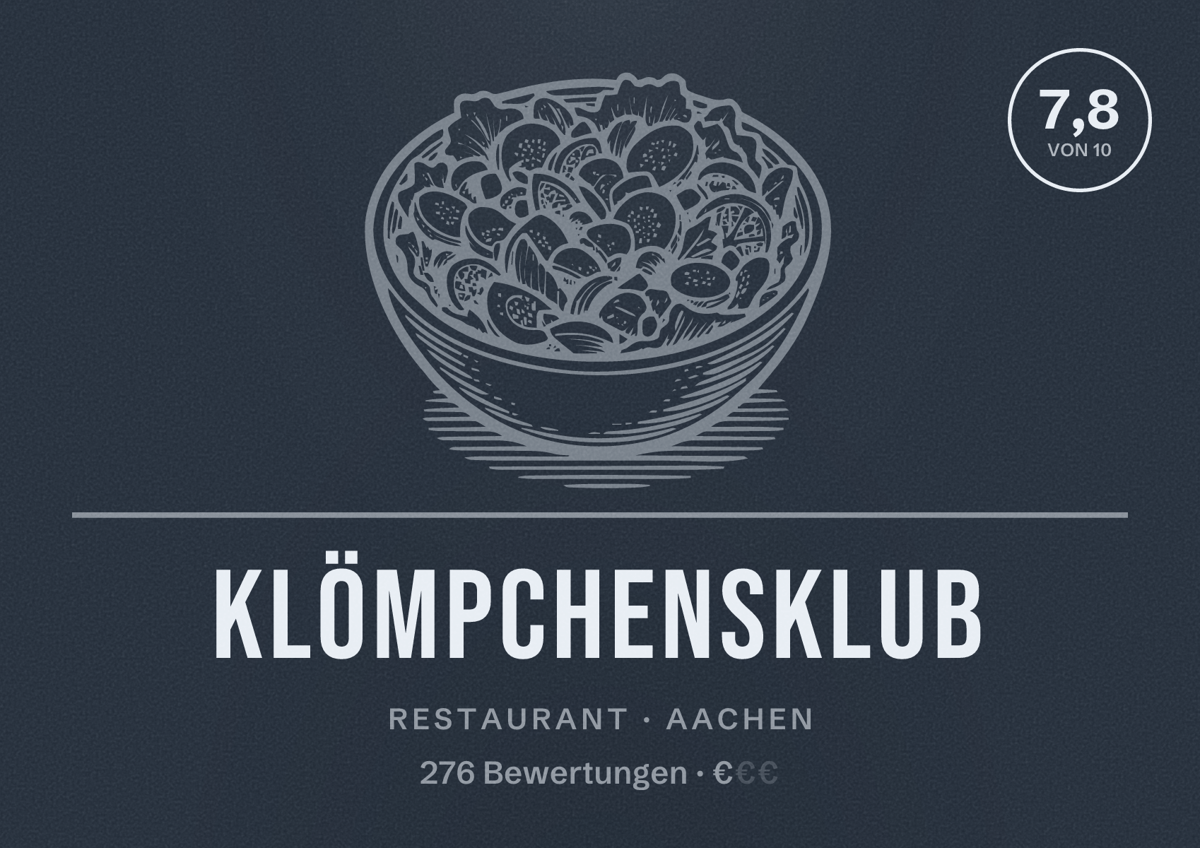 Illustriertes Poster von Klömpchensklub, Restaurant in Aachen: Bewertung 7,8 von 10 aus 276 Bewertungen, Preisniveau €