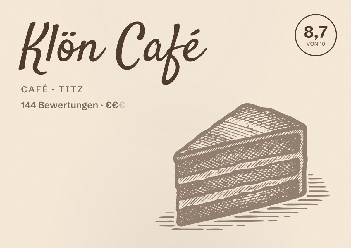 Illustriertes Poster von Klön Café, Café in Titz: Bewertung 8,7 von 10 aus 144 Bewertungen, Preisniveau €€