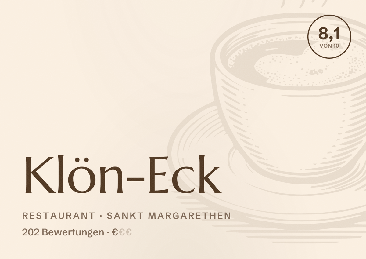 Illustriertes Poster von Klön-Eck, Restaurant in Sankt Margarethen: Bewertung 8,1 von 10 aus 202 Bewertungen, Preisniveau €