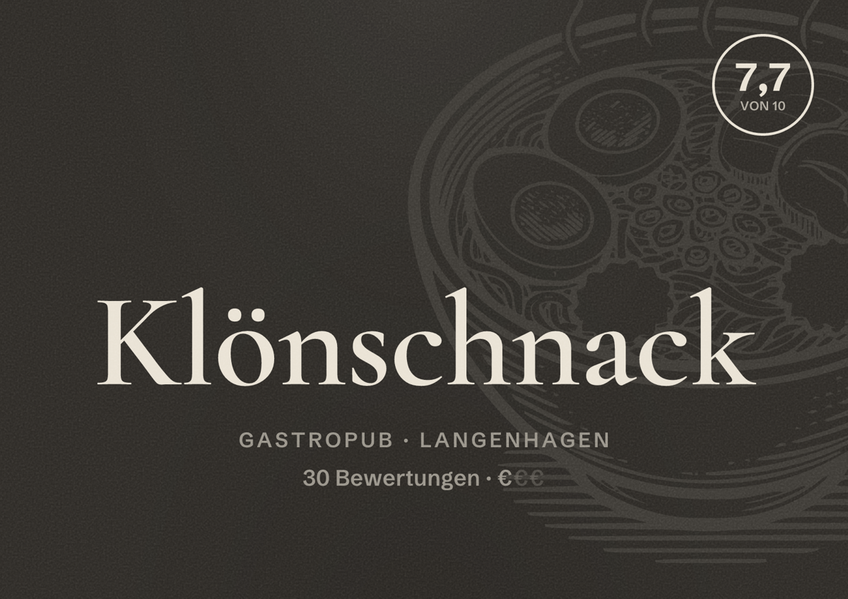 Illustriertes Poster von Klönschnack, Gastropub in Langenhagen: Bewertung 7,7 von 10 aus 30 Bewertungen, Preisniveau €