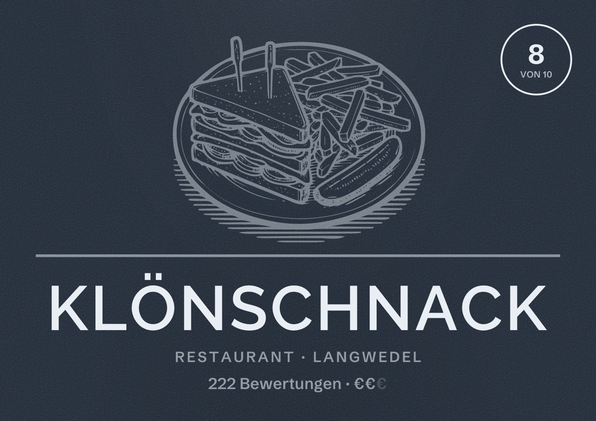Illustriertes Poster von Klönschnack, Restaurant in Langwedel: Bewertung 8 von 10 aus 222 Bewertungen, Preisniveau €€