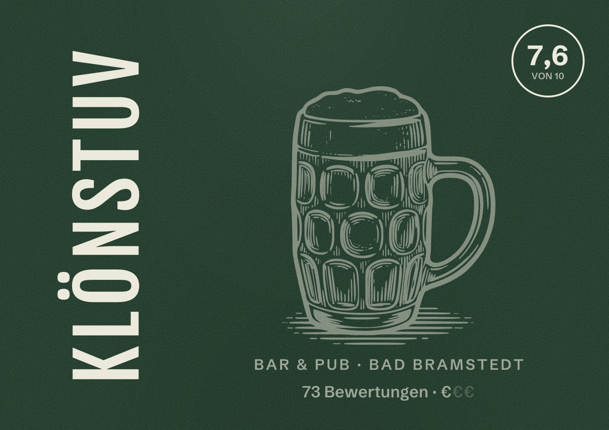 Illustriertes Poster von Klönstuv, Bar & Pub in Bad Bramstedt: Bewertung 7,6 von 10 aus 73 Bewertungen, Preisniveau €