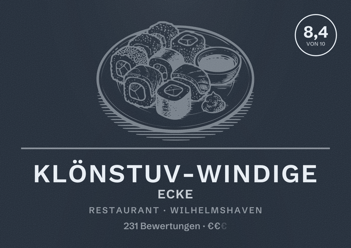 Illustriertes Poster von Klönstuv-Windige Ecke, Restaurant in Wilhelmshaven: Bewertung 8,4 von 10 aus 231 Bewertungen, Preisniveau €€