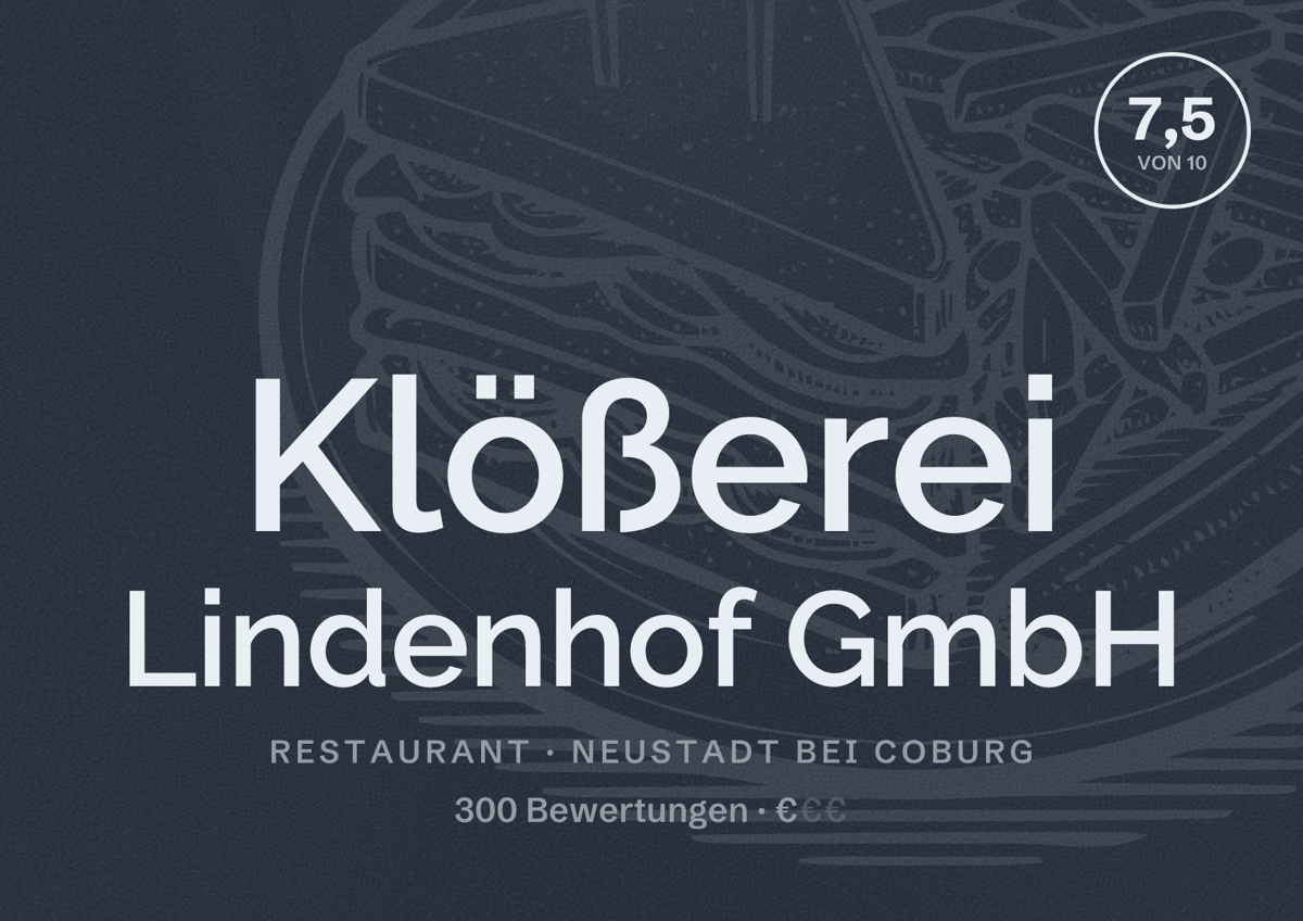 Illustriertes Poster von Klößerei Lindenhof GmbH, Restaurant in Neustadt bei Coburg: Bewertung 7,5 von 10 aus 300 Bewertungen, Preisniveau €