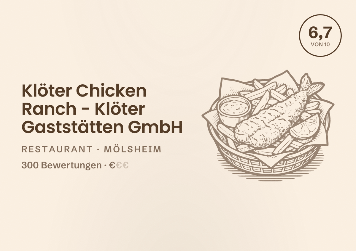 Illustriertes Poster von Klöter Chicken Ranch - Klöter Gaststätten GmbH, Restaurant in Mölsheim: Bewertung 6,7 von 10 aus 300 Bewertungen, Preisniveau €