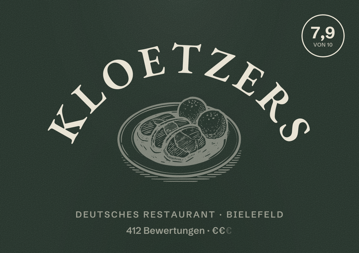 Illustriertes Poster von Kloetzers, Deutsches Restaurant in Bielefeld: Bewertung 7,9 von 10 aus 412 Bewertungen, Preisniveau €€