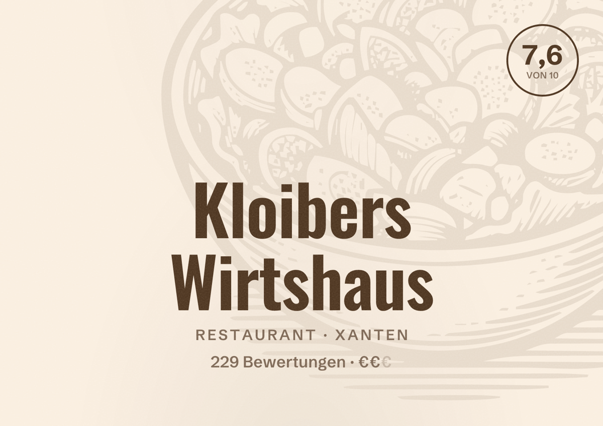 Illustriertes Poster von Kloibers Wirtshaus, Restaurant in Xanten: Bewertung 7,6 von 10 aus 229 Bewertungen, Preisniveau €€
