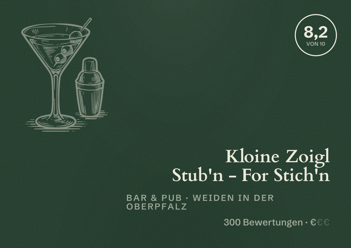 Illustriertes Poster von Kloine Zoigl Stub'n - For Stich'n, Bar & Pub in Weiden in der Oberpfalz: Bewertung 8,2 von 10 aus 300 Bewertungen, Preisniveau €