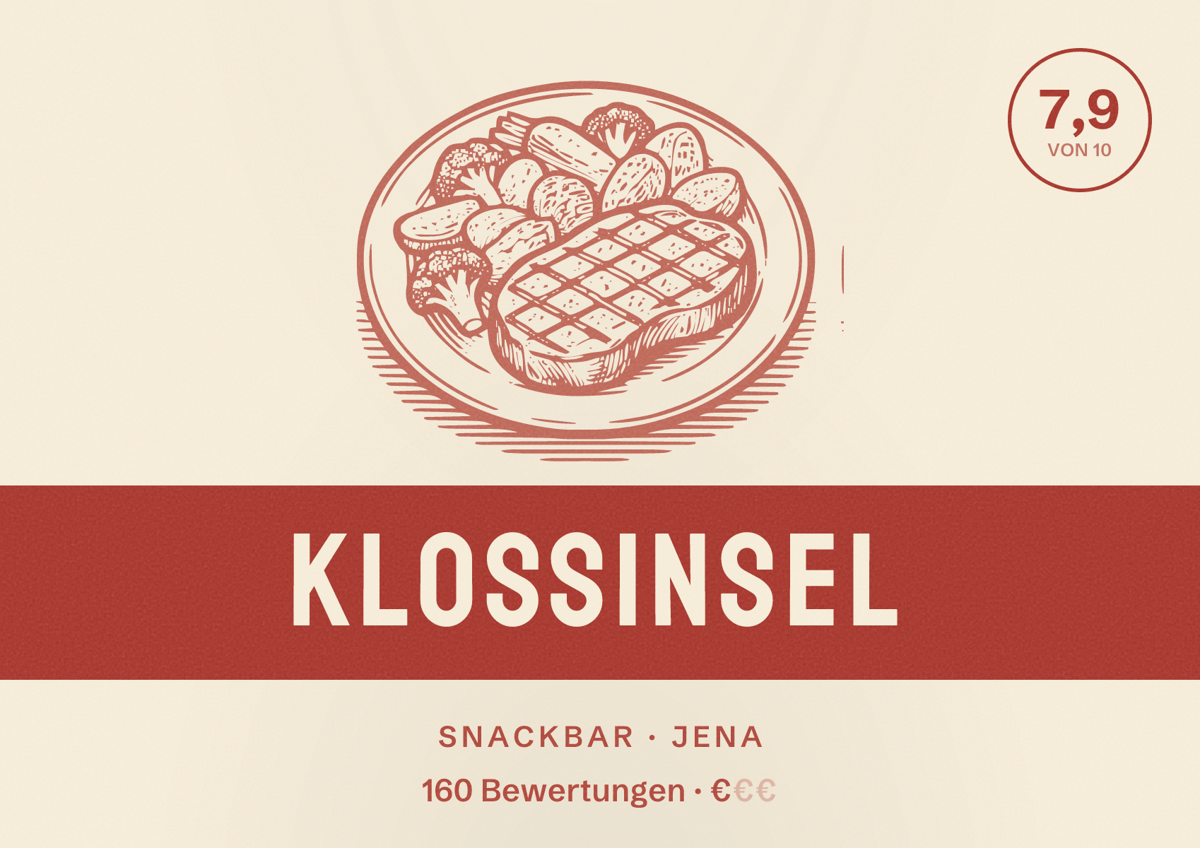 Illustriertes Poster von Kloßinsel, Snackbar in Jena: Bewertung 7,9 von 10 aus 160 Bewertungen, Preisniveau €