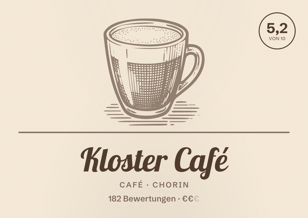 Illustriertes Poster von Kloster Café, Café in Chorin: Bewertung 5,2 von 10 aus 182 Bewertungen, Preisniveau €€