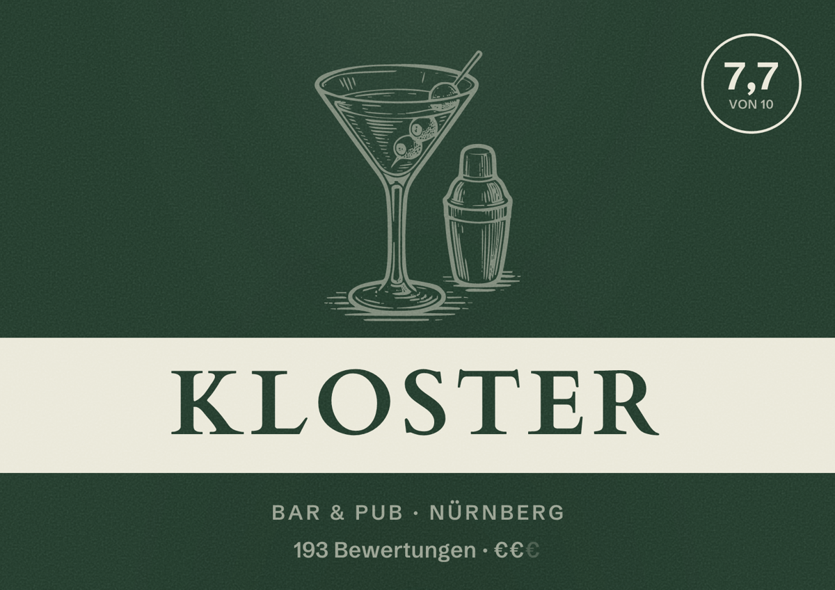 Illustriertes Poster von Kloster, Bar & Pub in Nürnberg: Bewertung 7,7 von 10 aus 193 Bewertungen, Preisniveau €€