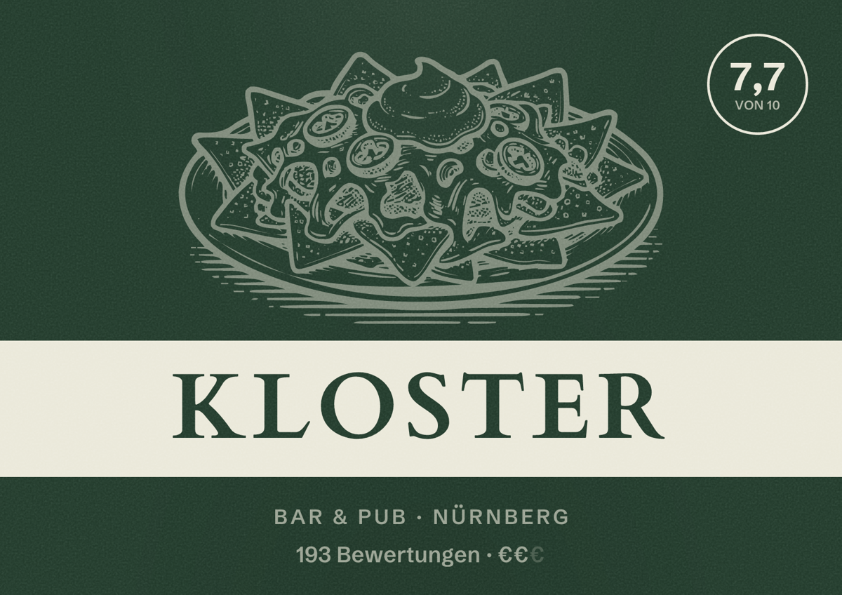 Illustriertes Poster von Kloster, Bar & Pub in Nürnberg: Bewertung 7,7 von 10 aus 193 Bewertungen, Preisniveau €€